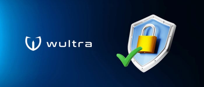 Ikona zabezpečení s odemykaným štítem a logem Wultra, symbol ochrany dat.